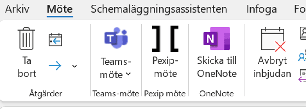 Outlook skapa möte, ikoner Teams, pexip och OneNote