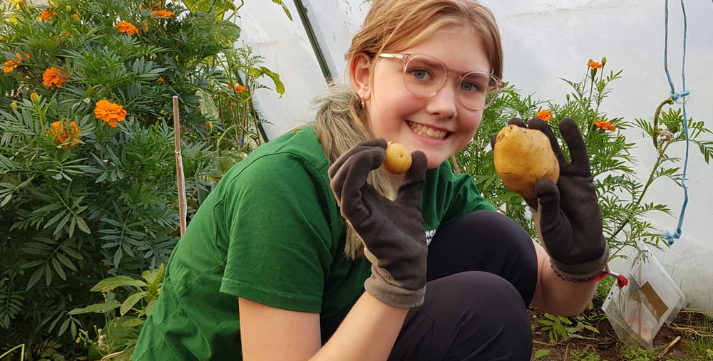 Barn som odlar tillsammans i grupp. Vi ser plantering och skörd.