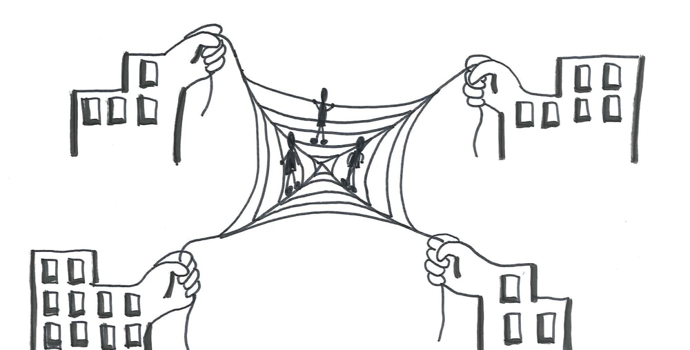 Illustration med spindelväv och händer som samverkar