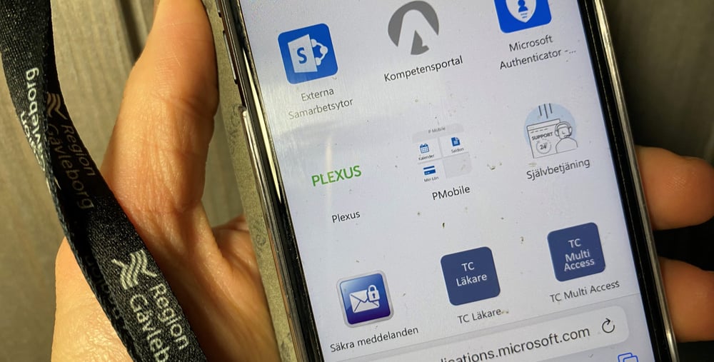 Mobil där man ser MyApps med ikoner för bland annat Plexus och Pmobile.