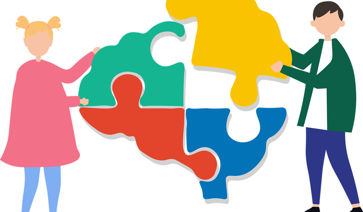 En flicka och en pojke håller tillsammans i pusselbitar som formar en hjärna i fyra färger: grön, gul, röd och blå.