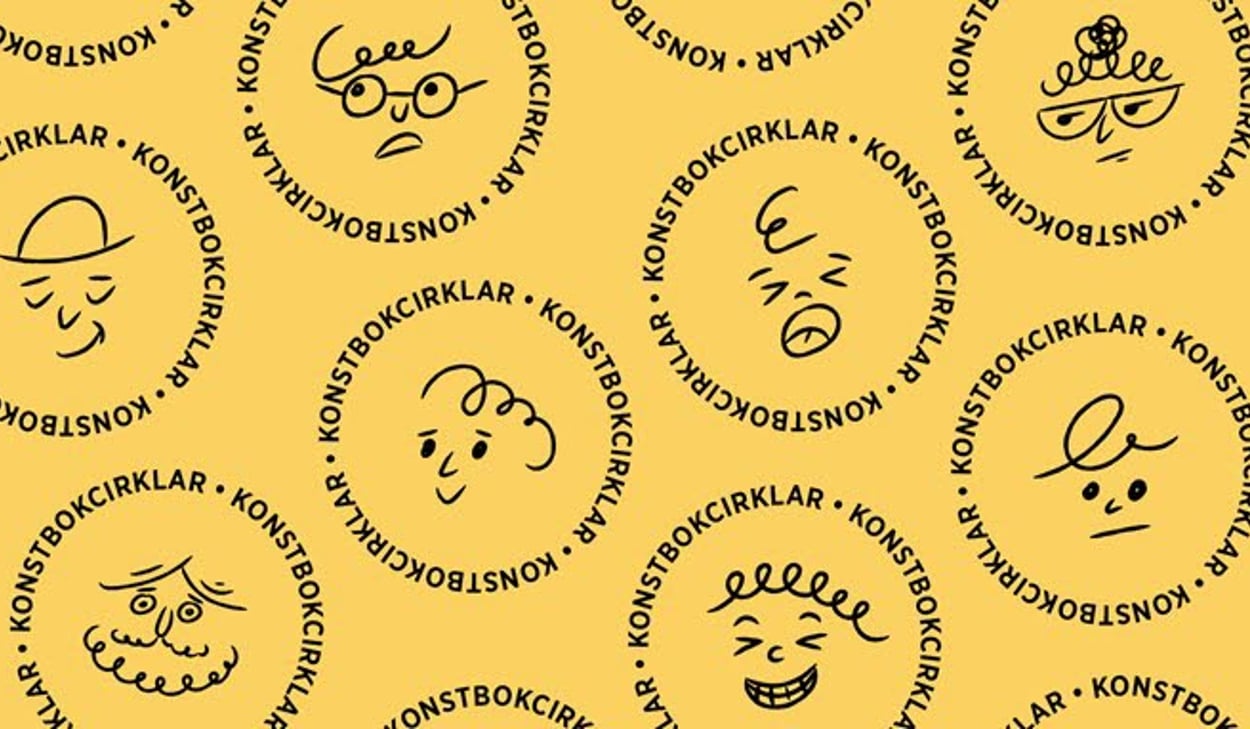 Grafisk bild med en gul bakgrund och text i cirklar och olika symboler