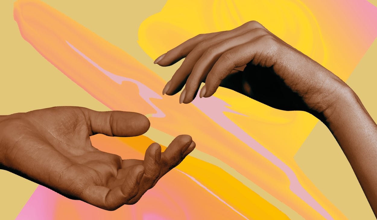 Grafisk bild med två händer mot varandra och en gul/orange bakgrund