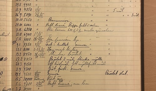 Bok med anteckningar om datum, vikt, diet och daganteckning. Handskrivet.